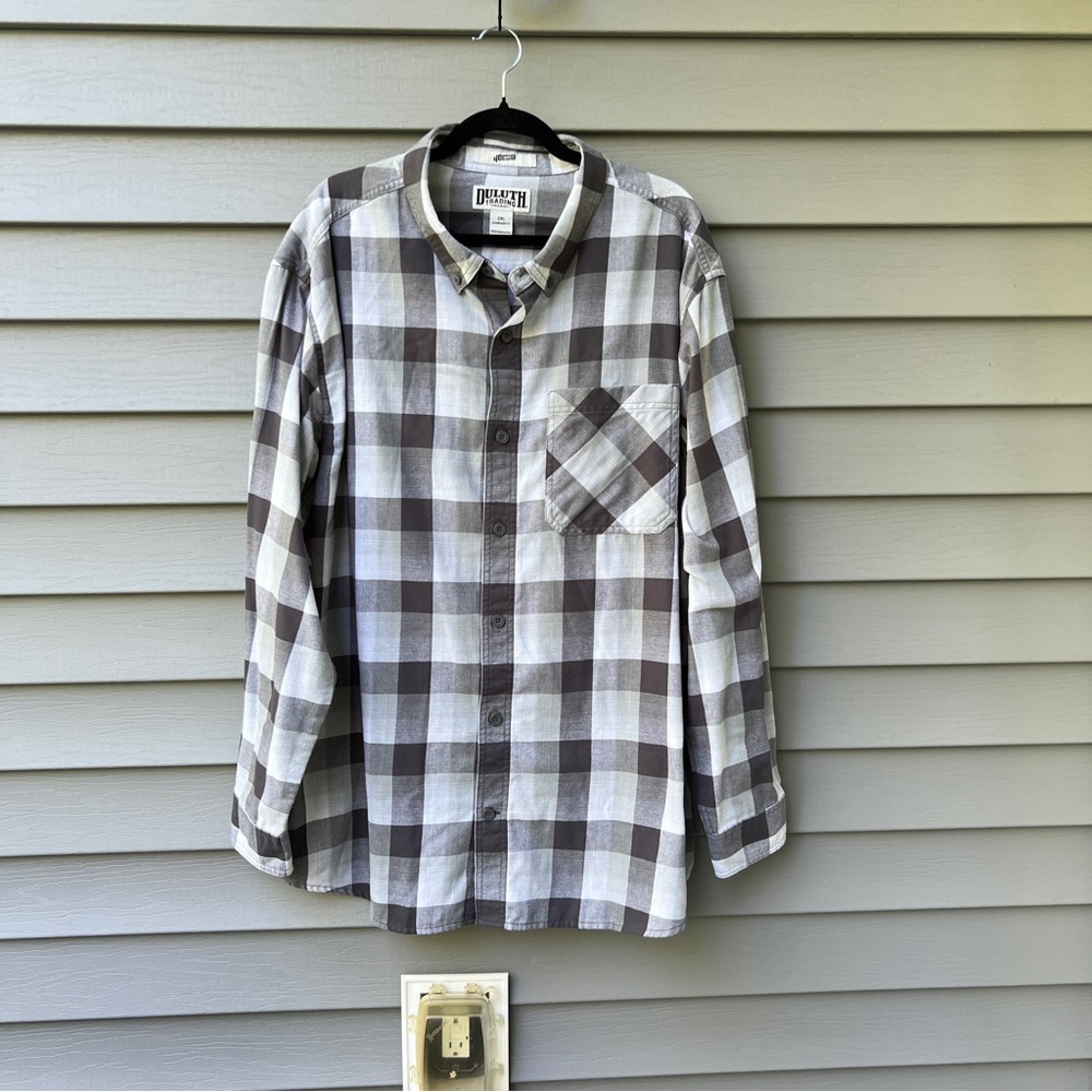 Duluth Long Sleeve Plaid Button-Up Shirt – Men's 2XL Front Pocket Gray
